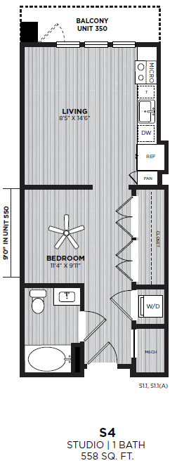 Floor plan for studio, 1 bath, 558 sqft